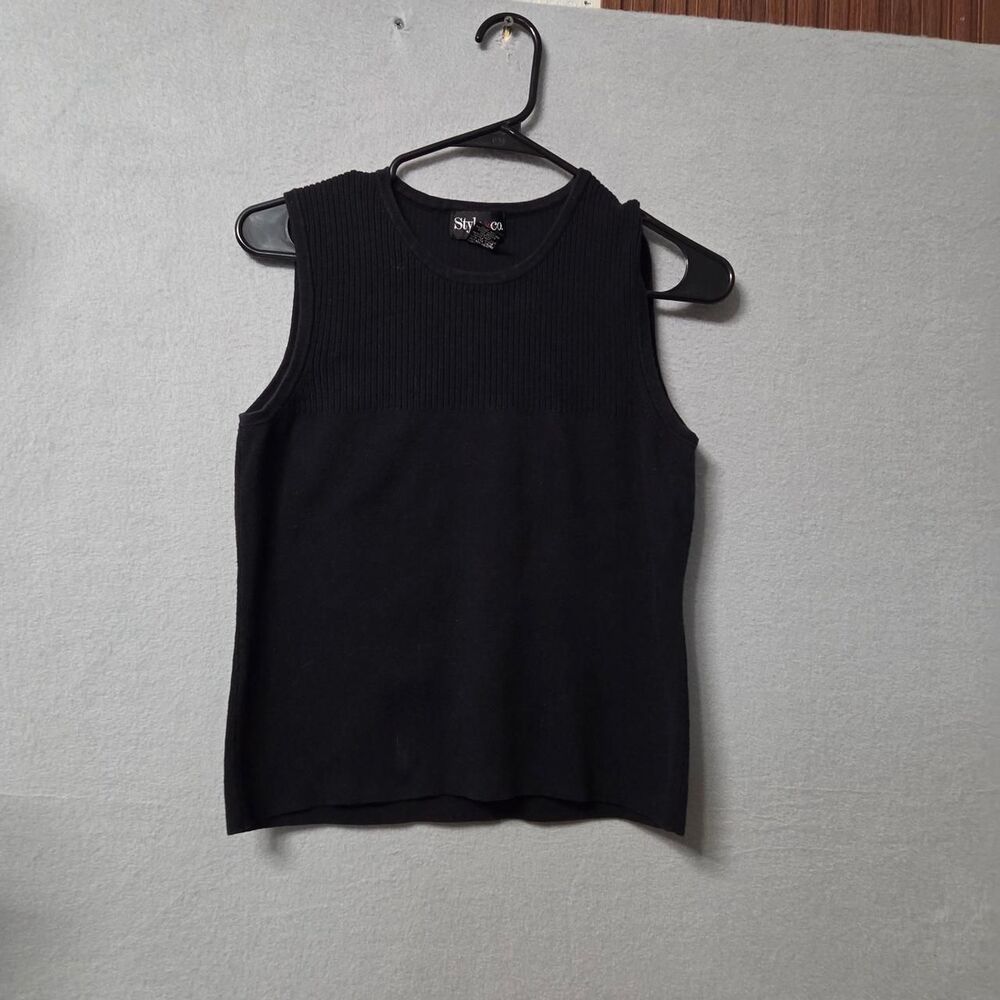 Vintage 90s Style & Co Black 100% Cotton Knit Tank Top Mock Neck Ribbed M